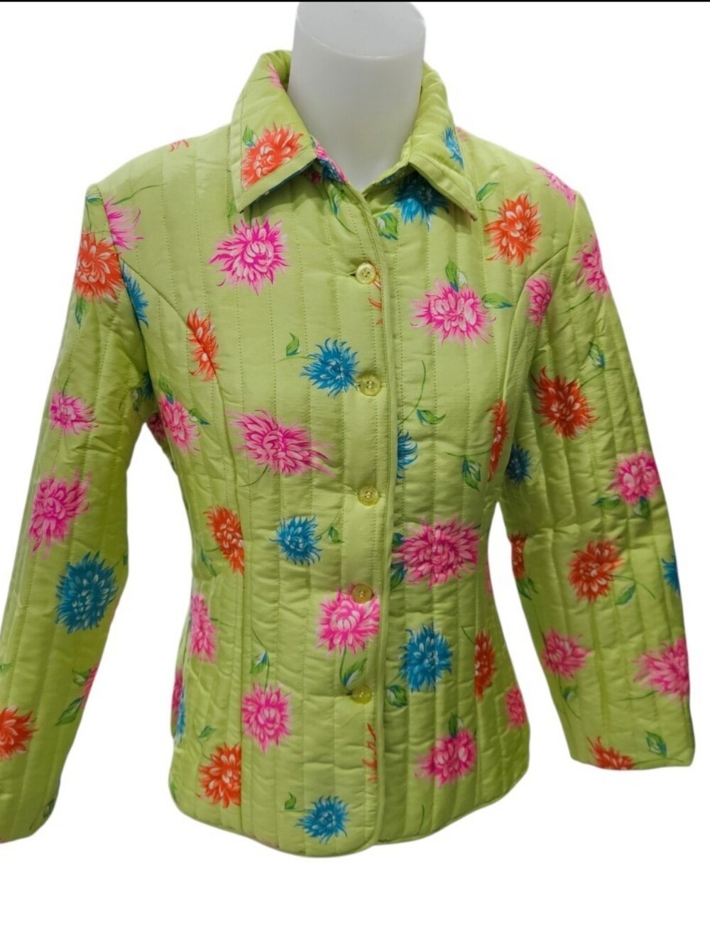 VTG Silkland 100% Silk Lime Green Floral Quilted Jacket Blazer Sz M Blue Pink